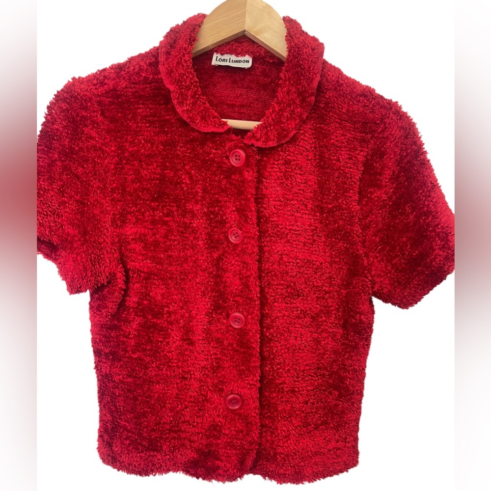 Vintage Fuzzy Cardigan Lori Lundon Womens Red Button Front Short Sleeve Top ❤️🌹